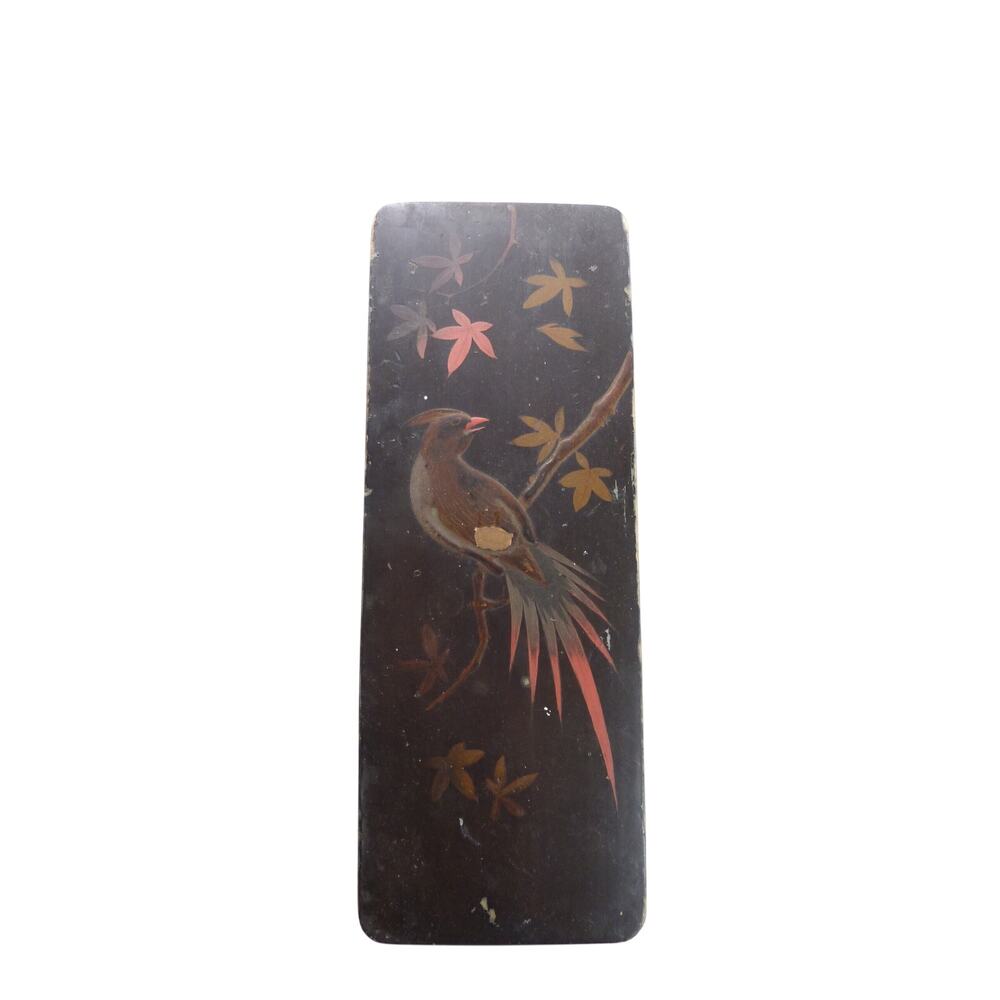 Antique Japanese Meiji Lacquer Fude bako Brush Box Hand Painted Bird Wood Box